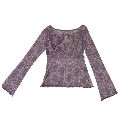 Vintage Y2K Purple Sheer Mesh Paisley Print Long Sleeve Top 8 10 S