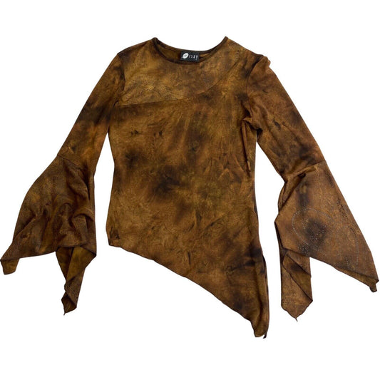 Vintage Y2K Brown Tie Dye Embellished Asymmetric Wide Sleeve Top 12 14 M