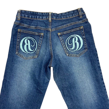 Vintage 90s Rare Blue Buffalo Embroidered Flared Mid Rise Denim Jeans 8 10 S