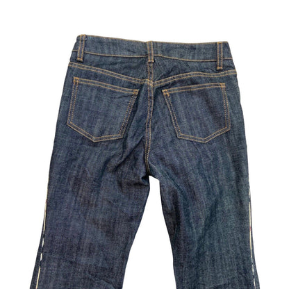 Vintage Y2K Dark Wash Blue Denim Burberry Bootcut Nova Check Stripe Jeans 6 XS