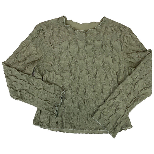 Vintage Y2K Khaki Green Popcorn Style Long Sleeve Lettuce Hem Top 10 12 S M