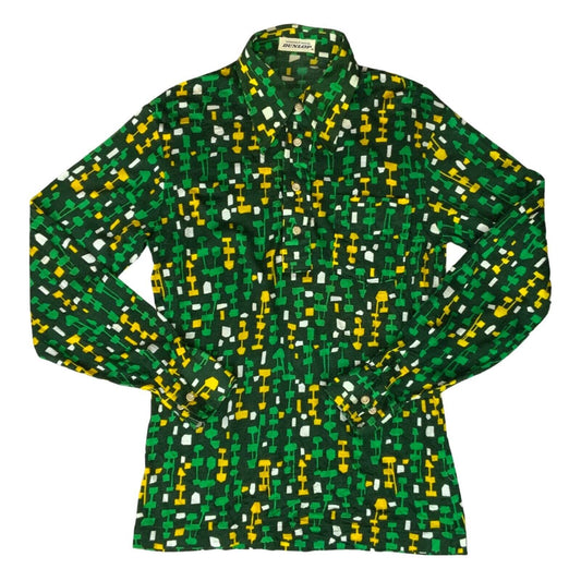 VTG 70s BIG COLLAR MENS POLY SMOCK SHIRT GEOMETRIC PSYCHEDELIC PRINT 36” (34) XS