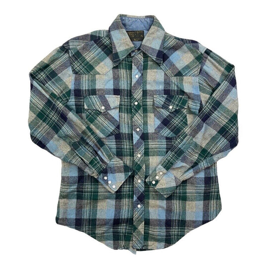 VTG 70s BLUE WOOL PLAID PEARL SNAP WESTERN SHIRT ROCKABILLY  HOT ROD 46” (42)