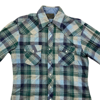 VTG 70s BLUE WOOL PLAID PEARL SNAP WESTERN SHIRT ROCKABILLY  HOT ROD 46” (42)