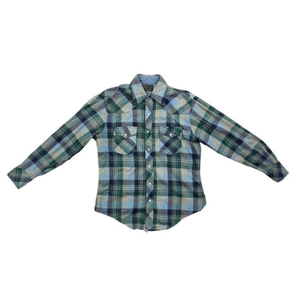 VTG 70s BLUE WOOL PLAID PEARL SNAP WESTERN SHIRT ROCKABILLY  HOT ROD 46” (42)