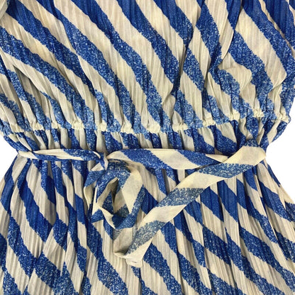 Vintage 80s 90s Blue Striped Pleated Long Sleeve Belted Dress 10 12 M