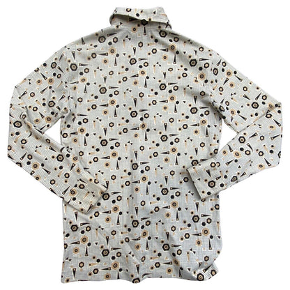 VTG 70s BIG COLLAR MENS POLY SMOCK SHIRT GEOMETRIC PSYCHEDELIC PRINT 37” (34) S