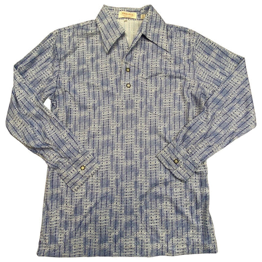 VTG 70s BIG COLLAR MENS POLY SMOCK SHIRT GEOMETRIC PSYCHEDELIC PRINT 40” (38) S