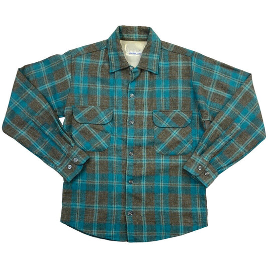 VTG 60s USA BLUE WOOL BOARD SHIRT CHECK PLAID ROCKABILLY BEACH BOYS S 38” (36)