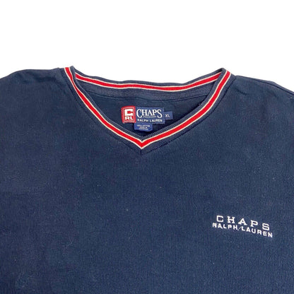 Vintage 90s 00s Navy Blue Chaps Ralph Lauren V Neck Tight Knit Jumper XL