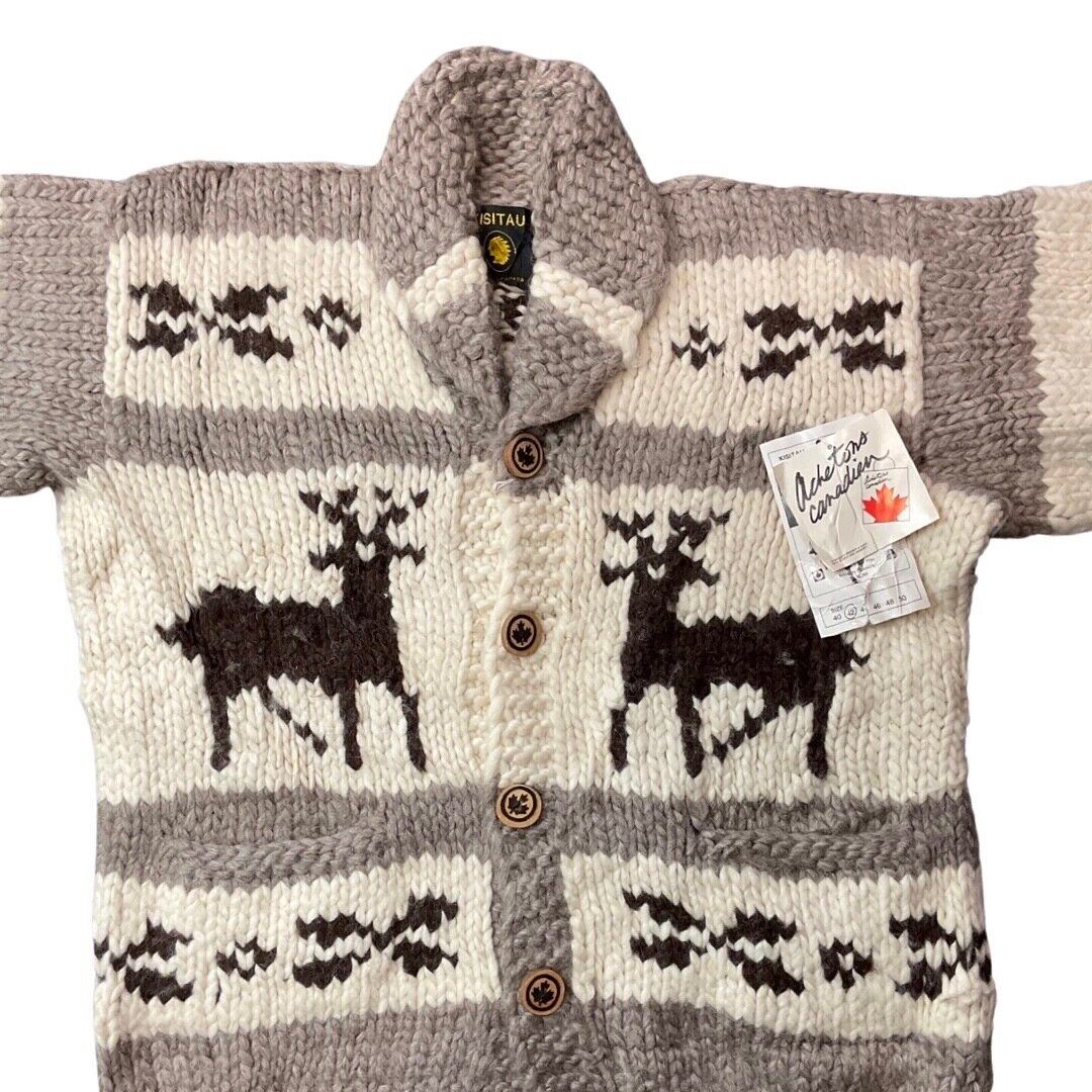 VTG DEADSTOCK WOOL COWICHAN CARDIGAN NATIVE CANADIAN KNIT ROCKABILLY 46” (42) L
