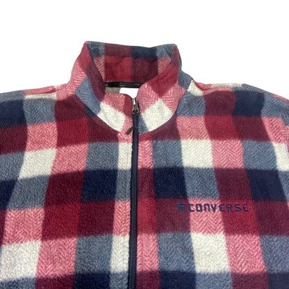 Vintage 00s Red White Grey Converse Embroidered Checked Zip Fleece L