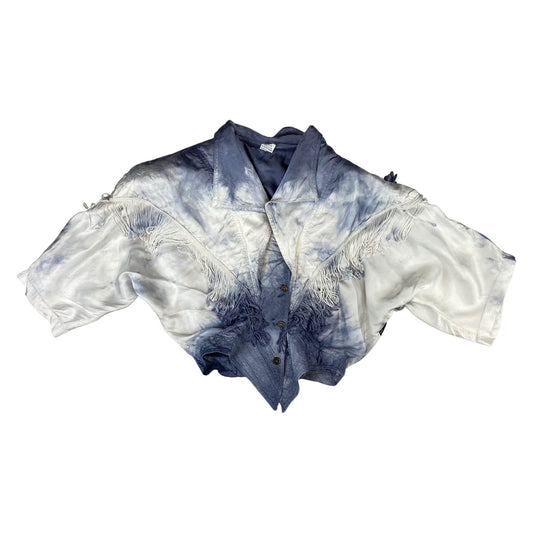 Vintage 80s 90s White Blue Tie-Dye Tasseled Western Cropped Shirt Blouse 10