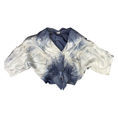 Vintage 80s 90s White Blue Tie-Dye Tasseled Western Cropped Shirt Blouse 10