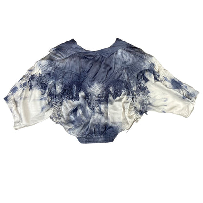 Vintage 80s 90s White Blue Tie-Dye Tasseled Western Cropped Shirt Blouse 10