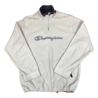 Vintage 90s 00s White Champion Quarter Zip Fleece Jumper Spell Out Embroidered L
