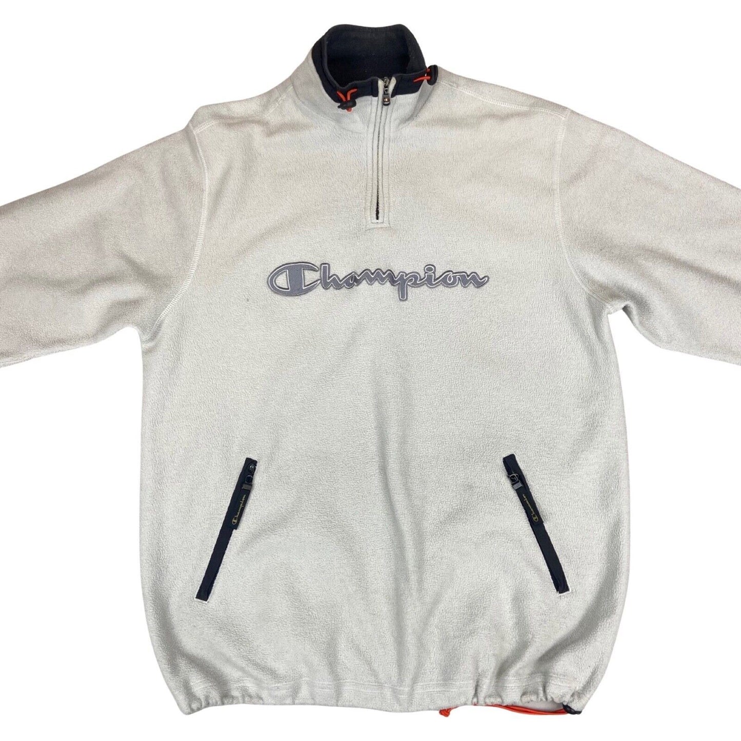 Vintage 90s 00s White Champion Quarter Zip Fleece Jumper Spell Out Embroidered L