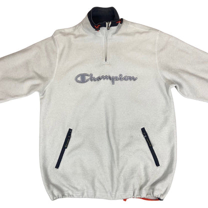 Vintage 90s 00s White Champion Quarter Zip Fleece Jumper Spell Out Embroidered L