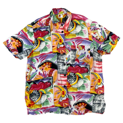 Vtg 90s Pink Green Yellow Hawaiian Floral Psychedelic Ukelele Novelty Shirt L