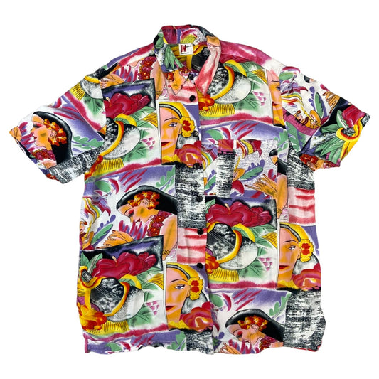 Vtg 90s Pink Green Yellow Hawaiian Floral Psychedelic Ukelele Novelty Shirt L