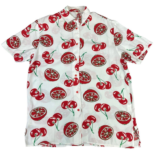 Vintage 80s 90s White Red Cherry Graphic Novelty Print Shirt Sleeve Shirt L