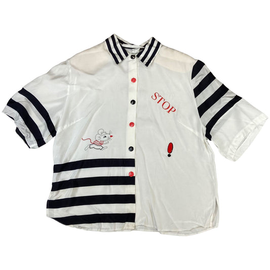 Vintage 80s 90s White Red Black Embroidered Mouse Striped Blouse Shirt 16 18 XL