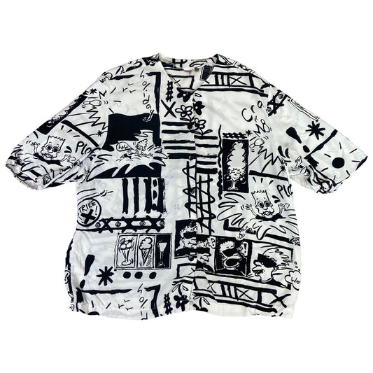 Vintage 80s White and Black Graphic Button Up Collar-Less Shirt XL