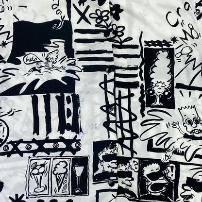Vintage 80s White and Black Graphic Button Up Collar-Less Shirt XL