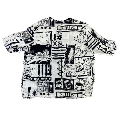 Vintage 80s White and Black Graphic Button Up Collar-Less Shirt XL