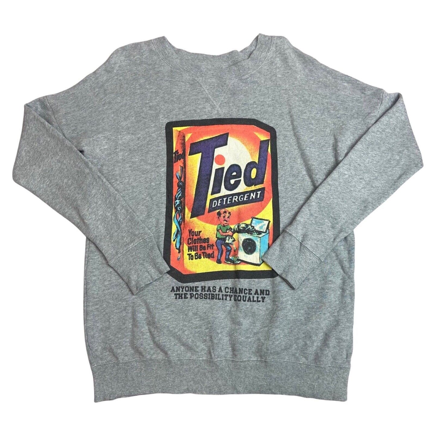 Vintage 90s 00s Grey Tied Graphic Print Crew Neck Jumper L