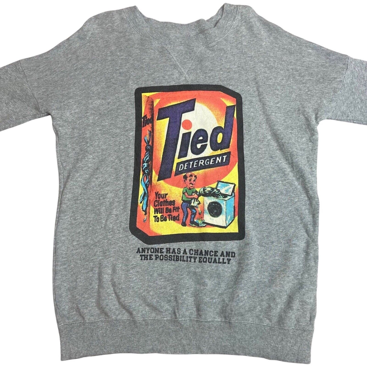 Vintage 90s 00s Grey Tied Graphic Print Crew Neck Jumper L