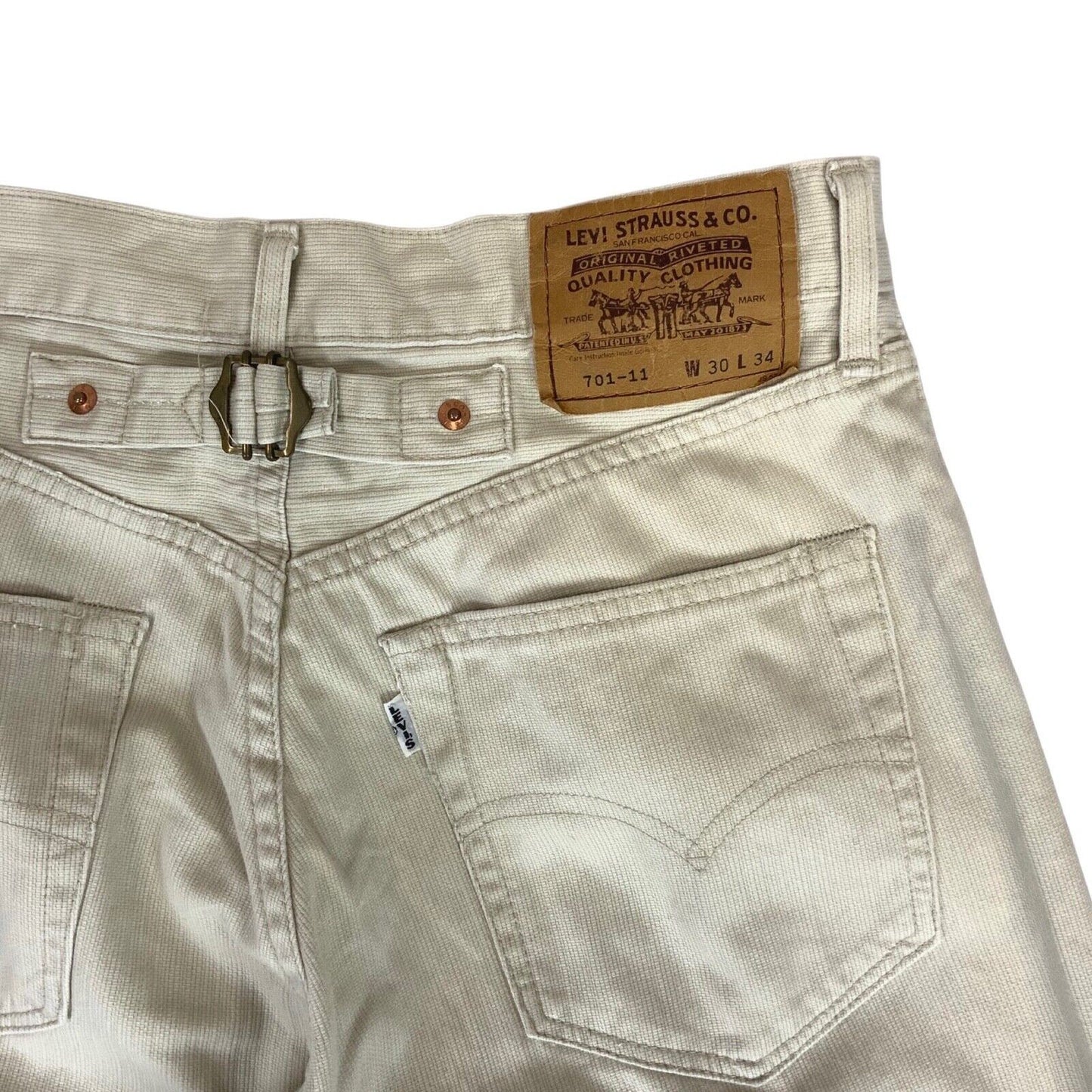 VTG 90s LEVIS 701-11 BIG E WHITE TAB CREAM CINCH RIBBED COTTON JEANS 29” W 33”L