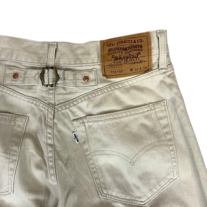 VTG 90s LEVIS 701-11 BIG E WHITE TAB CREAM CINCH RIBBED COTTON JEANS 29” W 33”L