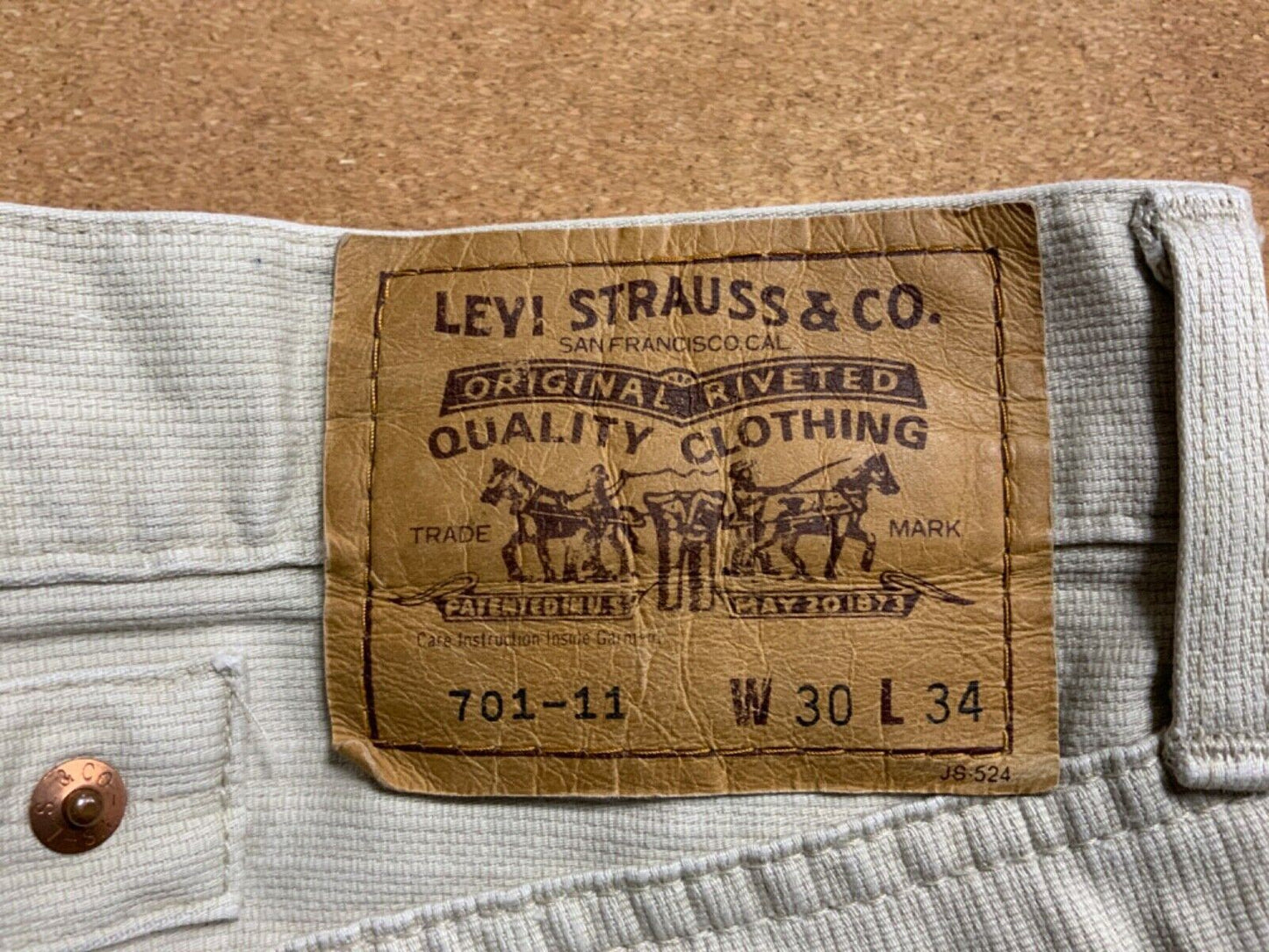 VTG 90s LEVIS 701-11 BIG E WHITE TAB CREAM CINCH RIBBED COTTON JEANS 29” W 33”L