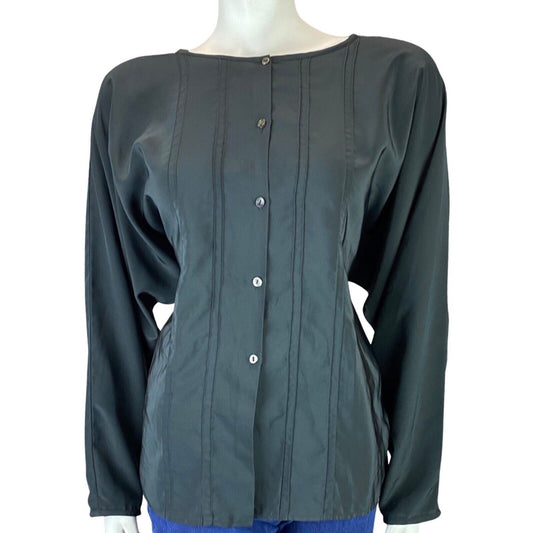 Vintage 90s 80s Black Button Down Round Neck Cacharel Blouse 14 16 L