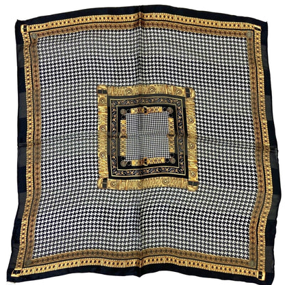 Vintage 90s 00s Black White Gold Geometric Dogtooth Patterned 100% Silk Scarf