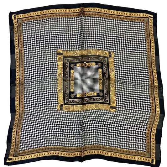 Vintage 90s 00s Black White Gold Geometric Dogtooth Patterned 100% Silk Scarf