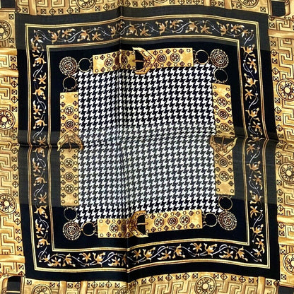 Vintage 90s 00s Black White Gold Geometric Dogtooth Patterned 100% Silk Scarf