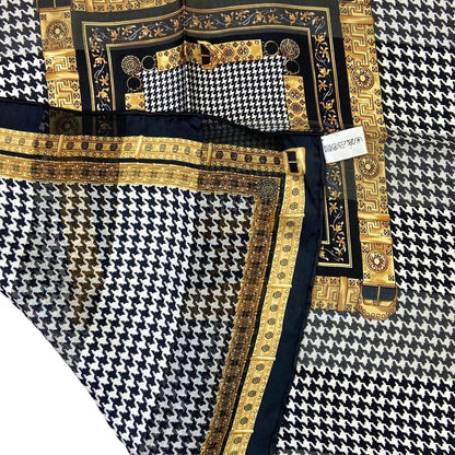 Vintage 90s 00s Black White Gold Geometric Dogtooth Patterned 100% Silk Scarf
