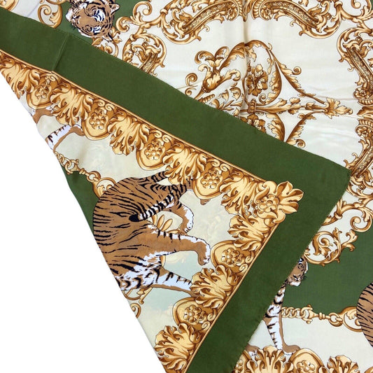Vintage 90s 00s Green Gold Tiger Graphic Print Filigree Ornamental Silk Scarf