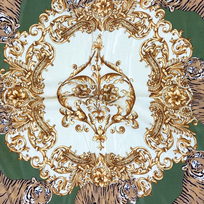 Vintage 90s 00s Green Gold Tiger Graphic Print Filigree Ornamental Silk Scarf
