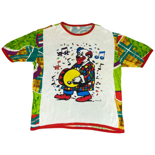 Vintage 80s White Multicoloured Geometric Patterned Clown Graphic T-Shirt XXL