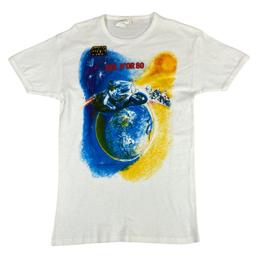 Vintage 1980 White Bol D'OR Graphic Print Motorcycle Racing Cotton T-Shirt S