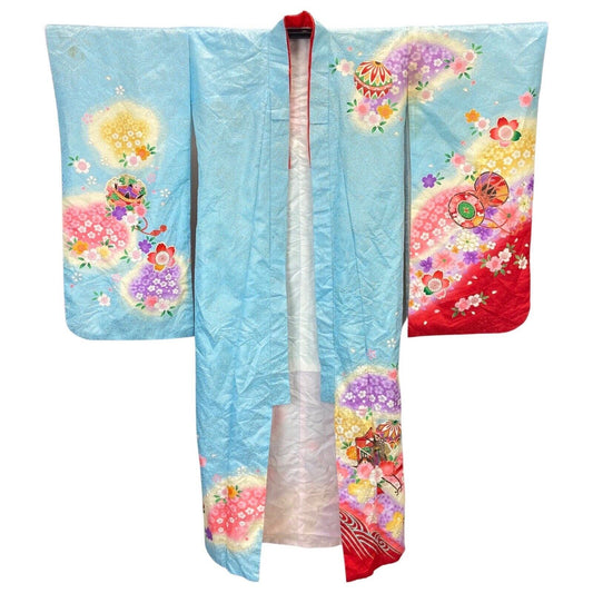 Vintage Blue Red Gold Silk Floral Komon Kimono 12 M