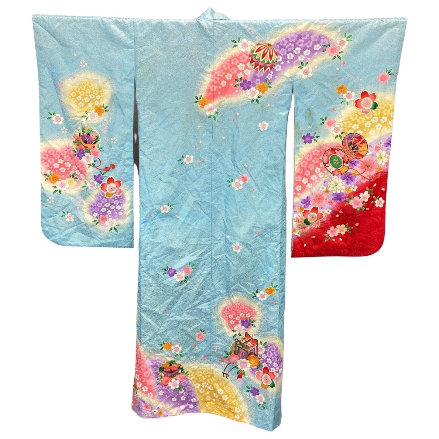 Vintage Blue Red Gold Silk Floral Komon Kimono 12 M