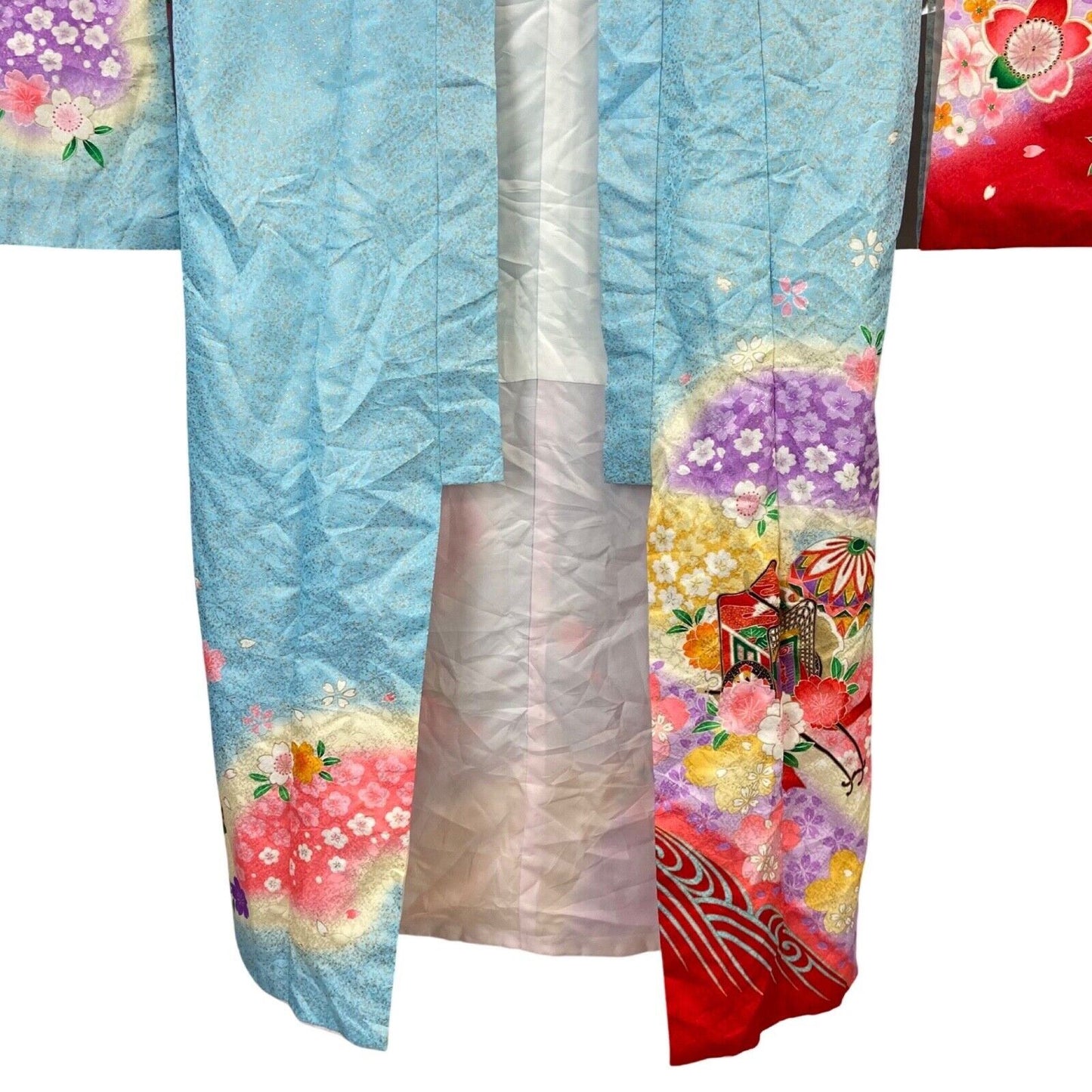 Vintage Blue Red Gold Silk Floral Komon Kimono 12 M