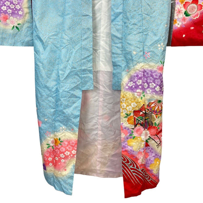 Vintage Blue Red Gold Silk Floral Komon Kimono 12 M