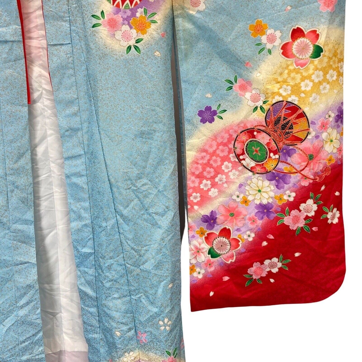 Vintage Blue Red Gold Silk Floral Komon Kimono 12 M