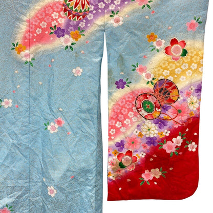 Vintage Blue Red Gold Silk Floral Komon Kimono 12 M