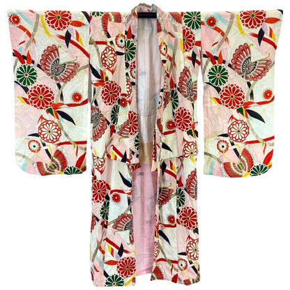 Vintage 60s 70s Pink Green Silk Floral Butterfly Komon Showa Kimono 12 M